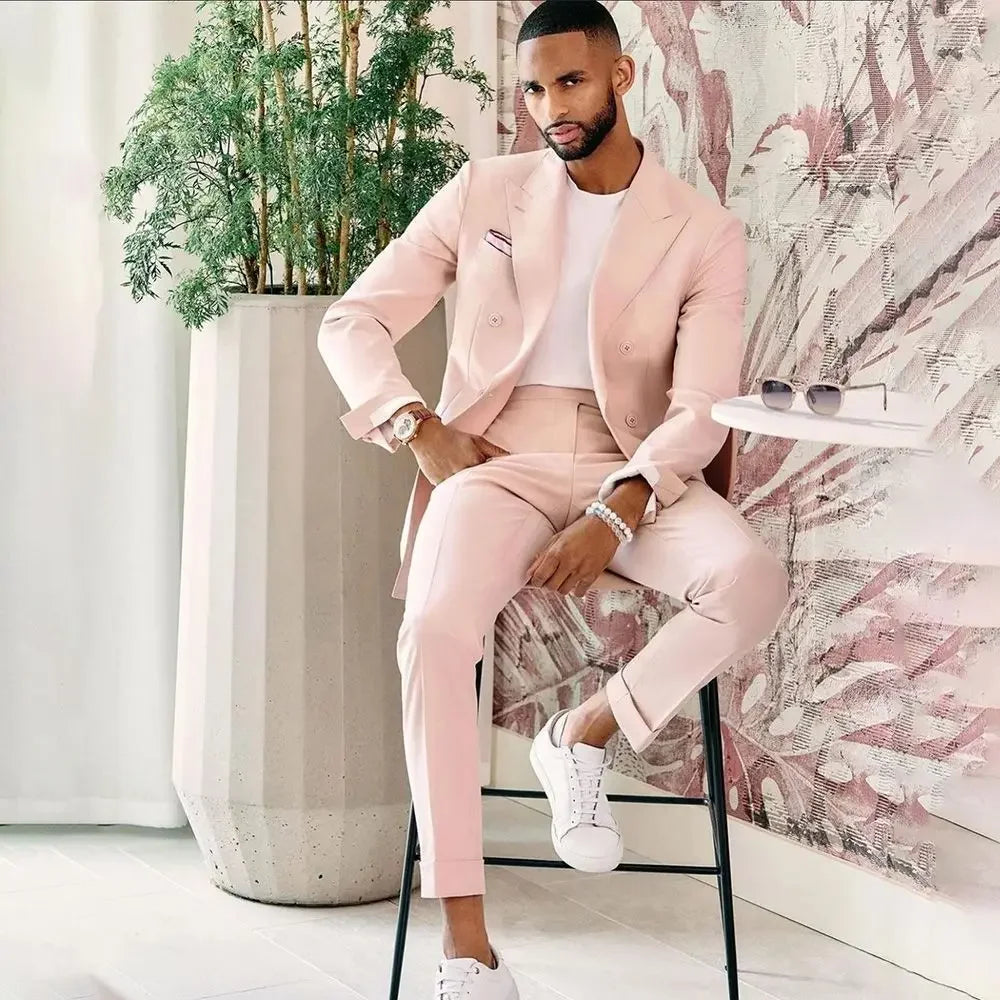 Beach Wedding Outfit Men: Pink Men Suits 2 Pieces (Jacket+Pants) Fashion Gentleman