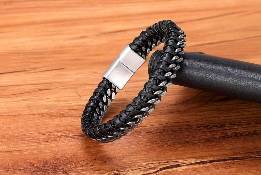 TYO New Fashion Stainless Steel Double Chain Braid Leather Mens Bracelet with Magnetic Buckle Best Gifts Whoesale Dropshipping