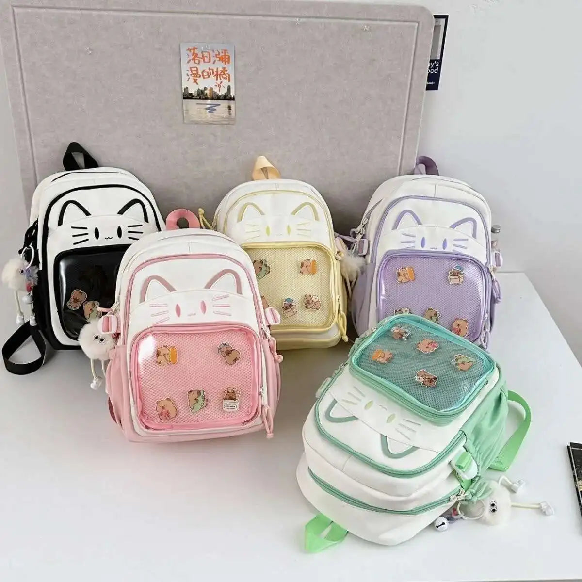 Y2K Cute Cat Ita Backpacks Large Capacity Knapsack Casual Girl Transparent DIY Display Rucksack Cartoon Trendy Travel Schoolbags