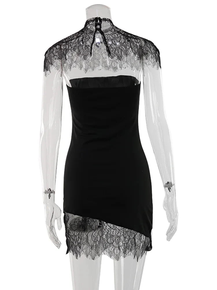 CNYISHE Strapless Solid Lace Patchwork Women Dresses Sheath Sexy Club Hip Wrap Bodycon Vestidos Female Outfits Party Chic