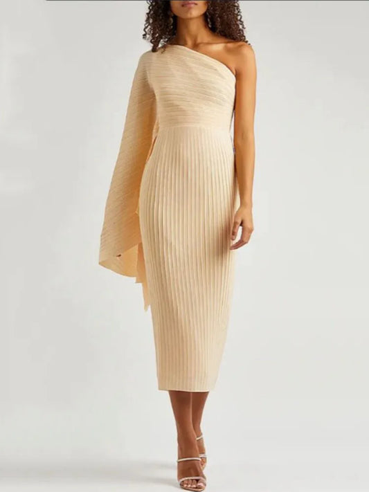 Evening Dresses: Party Dress Pleated Women Solid Color Asymmetric One Shoulder