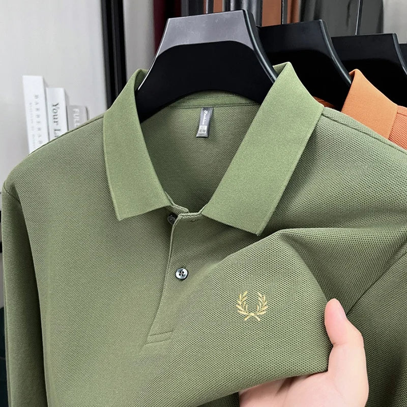 100% pure cotton high-end brand men's long sleeved polo shirt autumn fashion hot selling wheat embroidery golf business T-shirt