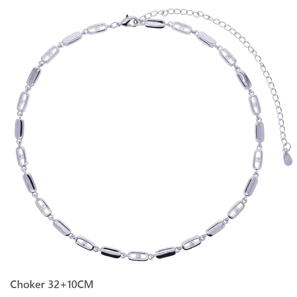 Gold Color Women Fashion Jewelry Set Geometric CZ Rectangle Charm Link Hand Chain Bracelet Choker Y Lariat Necklace