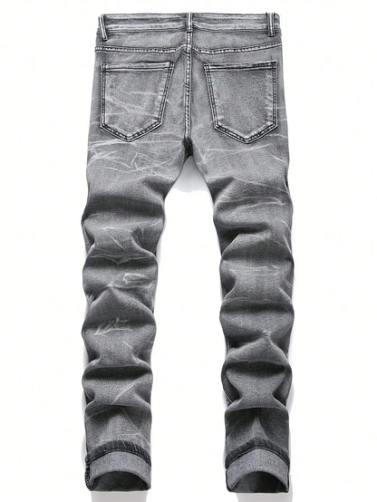 Men‘s Stretchy Denim Jeans Streetwear Tearing Patchwork Holes Ripped Denim