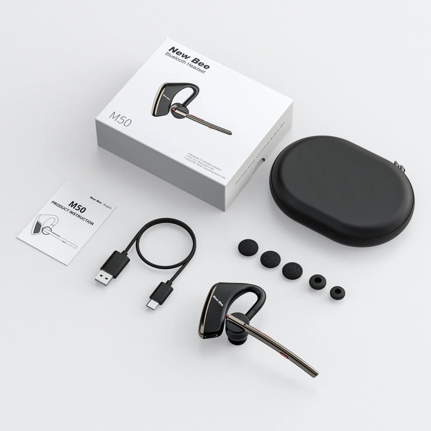 New Bee M50 Bluetooth Headset Wireless Earpiece Earphones 24 Hrs Talk Time V5.2 Headphones with Dual Mic CVC8.0 Handsfree