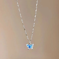 Blue Crystal Butterfly Necklace for Women Girls Simple Shiny Zircon Bilayer Choker