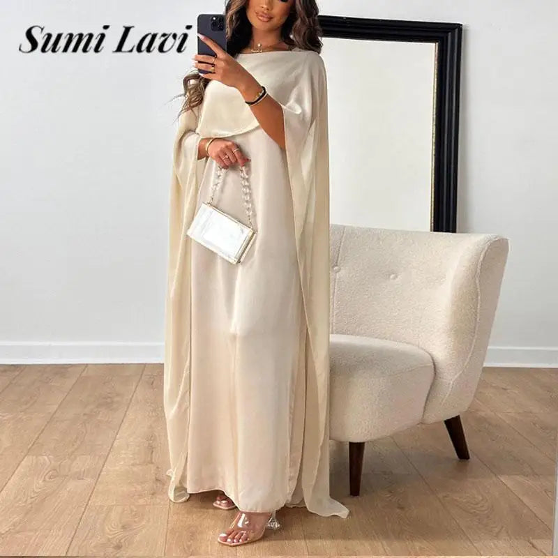 Evening Dresses:  Women Big Hem Long Dress Casual O Neck Solid Color Chiffon