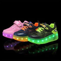 Kid Sneakers Spider Cartoon Mesh Usb Charge Luminous Shoes Outdoor Sport Roller