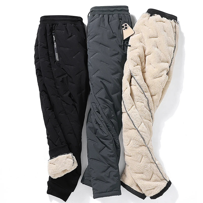 Winter Mens Pants Male Warm Proof Thermal Trousers Loose Zip Pockets Thicken