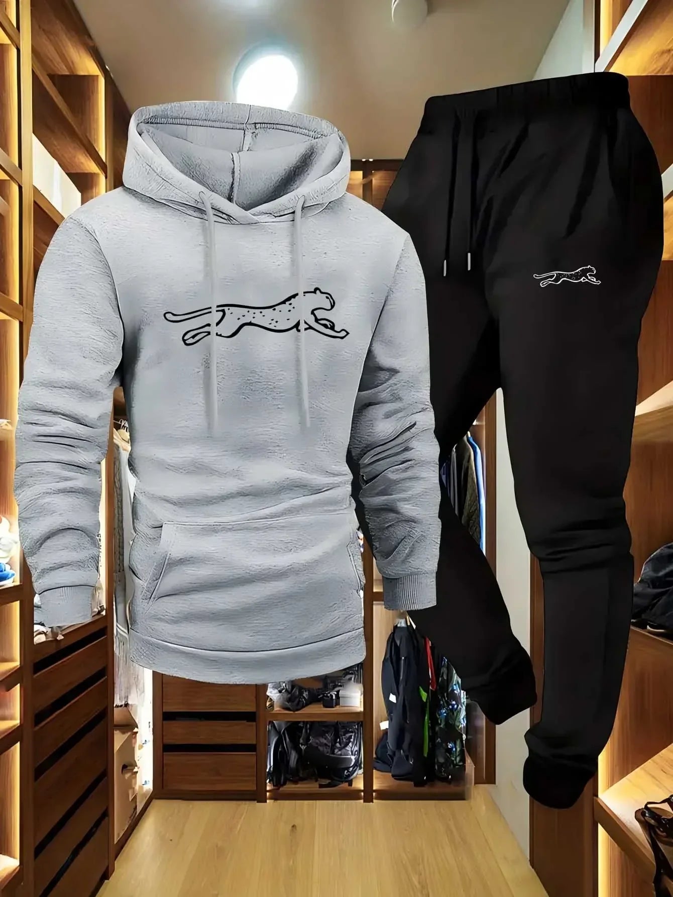Men's hooded sweatshirt and sweatpants set casual long-sleeved Leopard print hooded style pocket comfortable Streetwear style