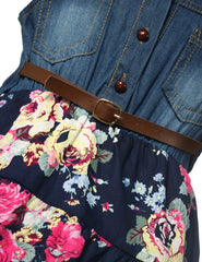 Summer Denim Dress Belted Above Knee Floral Bottom Girls Casual