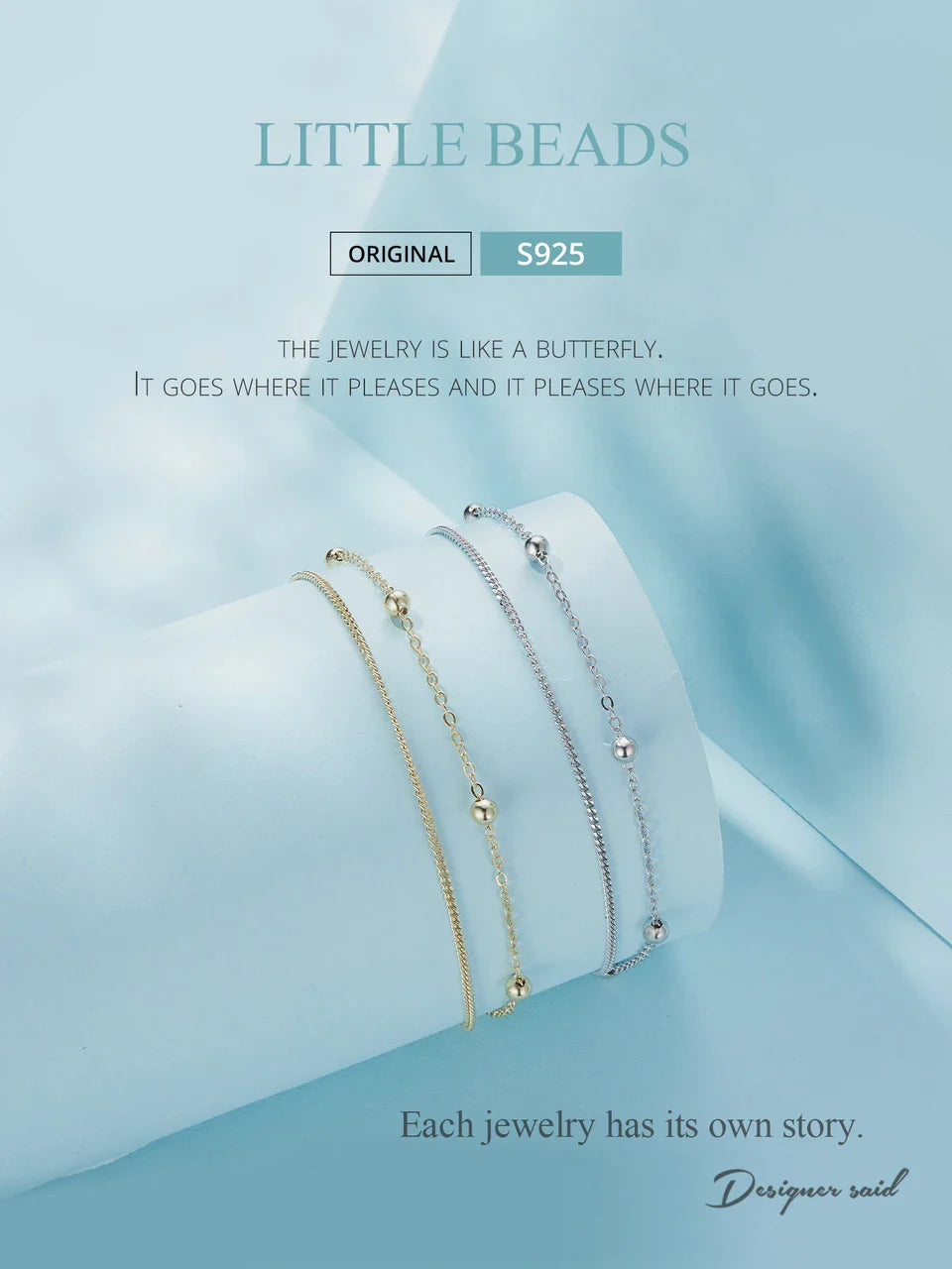 BAMOER 925 Silver Chain Bracelet Double Layers Round Beads Link Chain Bracelets Women 7.48'' Adjustable 14K Gold Plated Jewelry