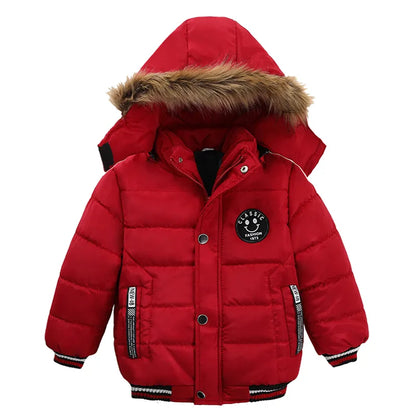 New Winter Boys Jacket Warm Fur Collar Fashion Baby Girls Coat Hooded Zipper Outerwear Birthday Gift 1-6 Years Kids Clothes