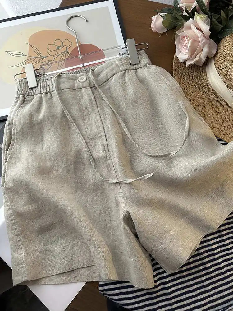 Japanese Simple Solid Color Pure Cotton Linen Casual Versatile Straight Elastic Waist Shorts Women's Middle Pants