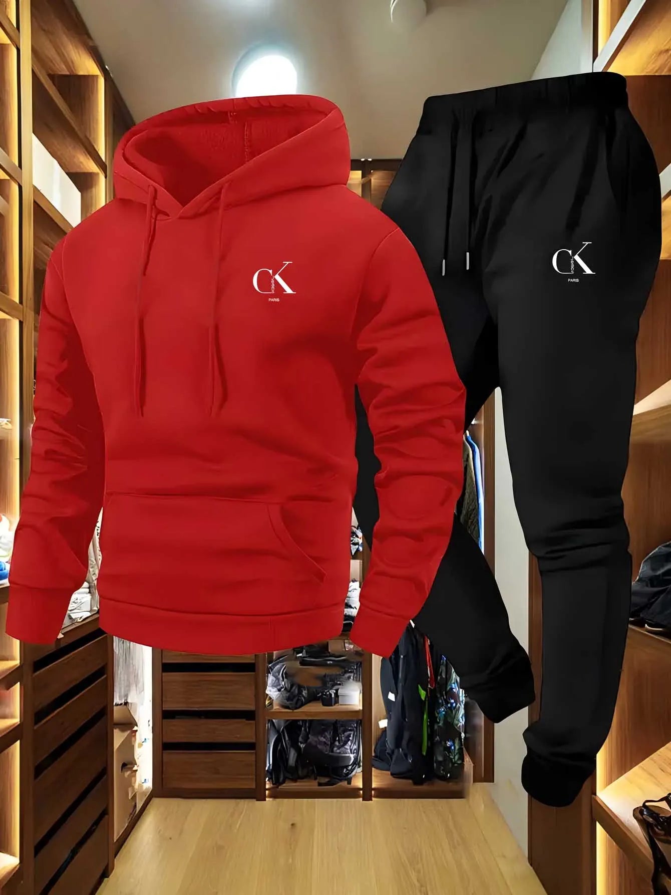 The 2025 men's printed hooded sweater and sports pants set with a casual grey pocket home wear is suitable for spring and autumn