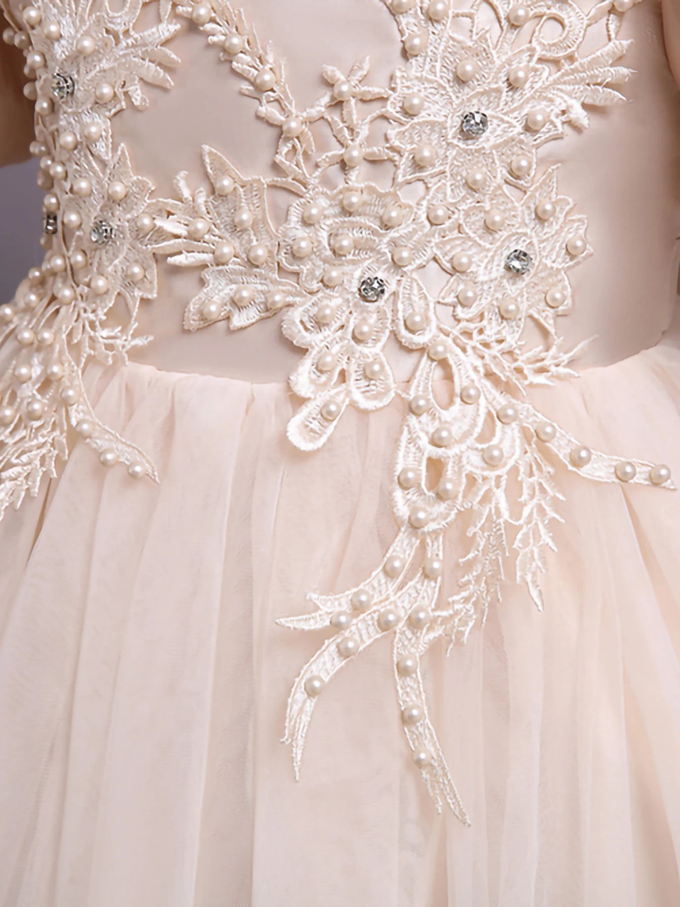 Champagne Long V-Neck Beaded Bubble Sleeve Floral Mesh Dress Holiday Party Piano Performance Dress For Girls Ages 3-12
