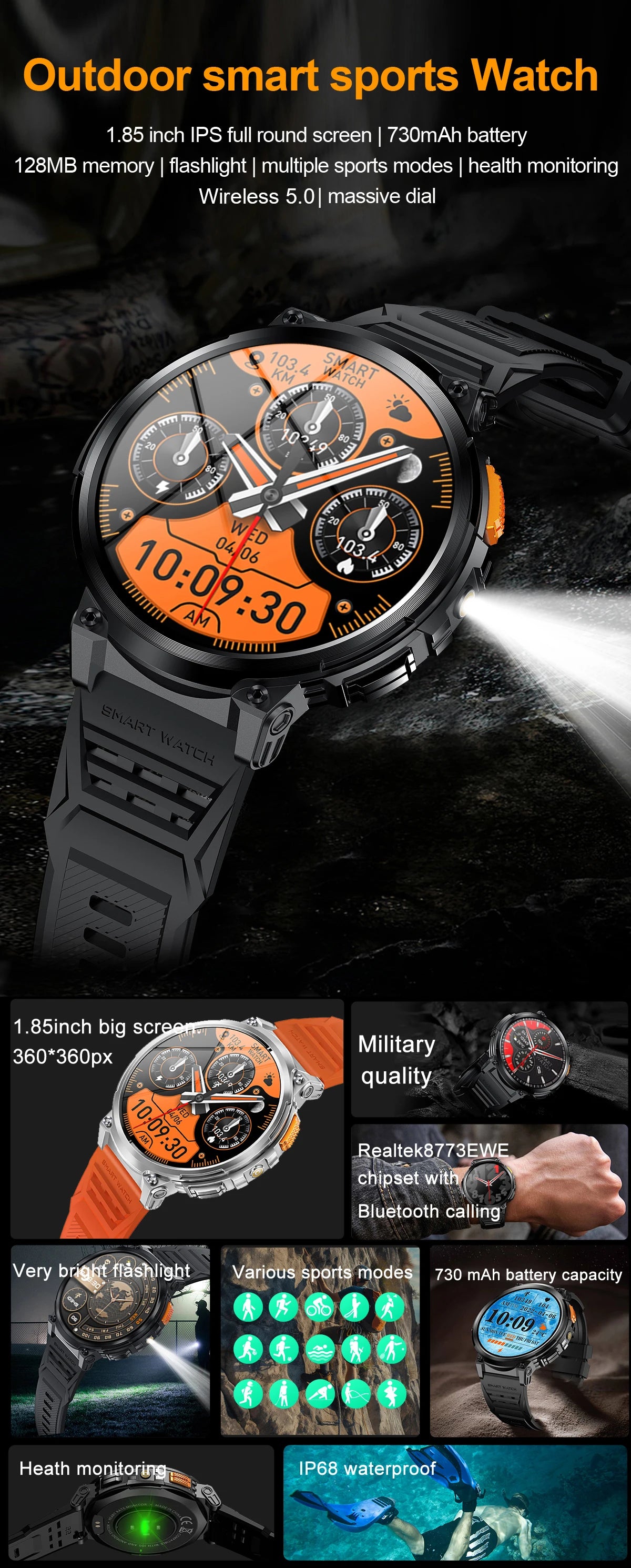 LIGE 1.85” HD Screen LED Flashlight Smart Watch Men 730mAh Large Battery BT Call Man Bracelet Waterproof Fitness Men Smartwatch