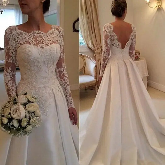 Wedding Dress Vintage robe de mariée Lace Satin Long Sleeve Bride Dresses