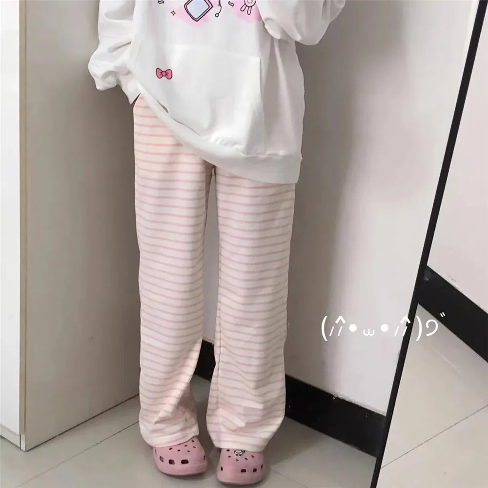 Cute Y2K Striped Pants Women Kawaii Sweet Harajuku Fleece Sports Korean Fashion