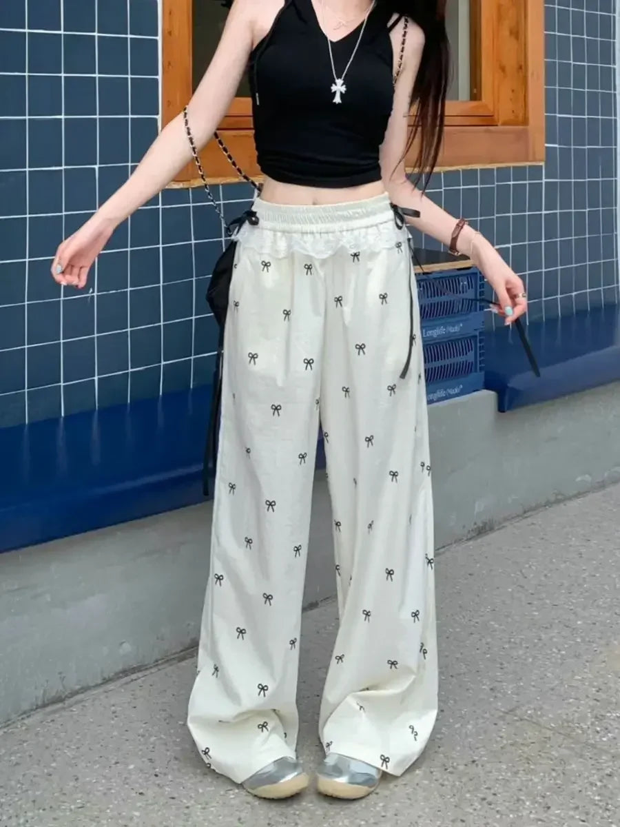 College Chic Cute Bow Knot Full Printed Pants White Lace Patchwork Sweet Ladies