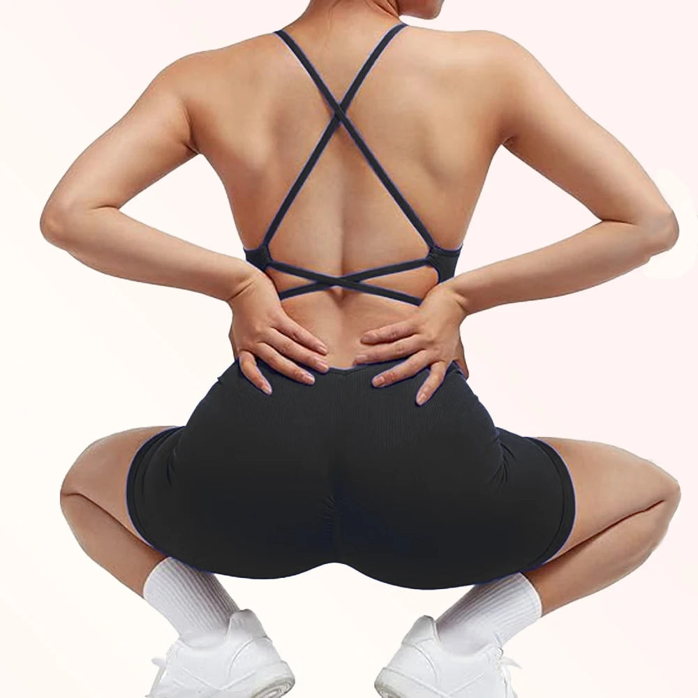 Yoga Criss Cross Backless Cami Sports Romper,Women's Jumpsuits Ribbed One Piece