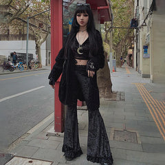 Y2K Gothic Black Lace Mesh Flared Pants Harajuku Aesthetic See Through