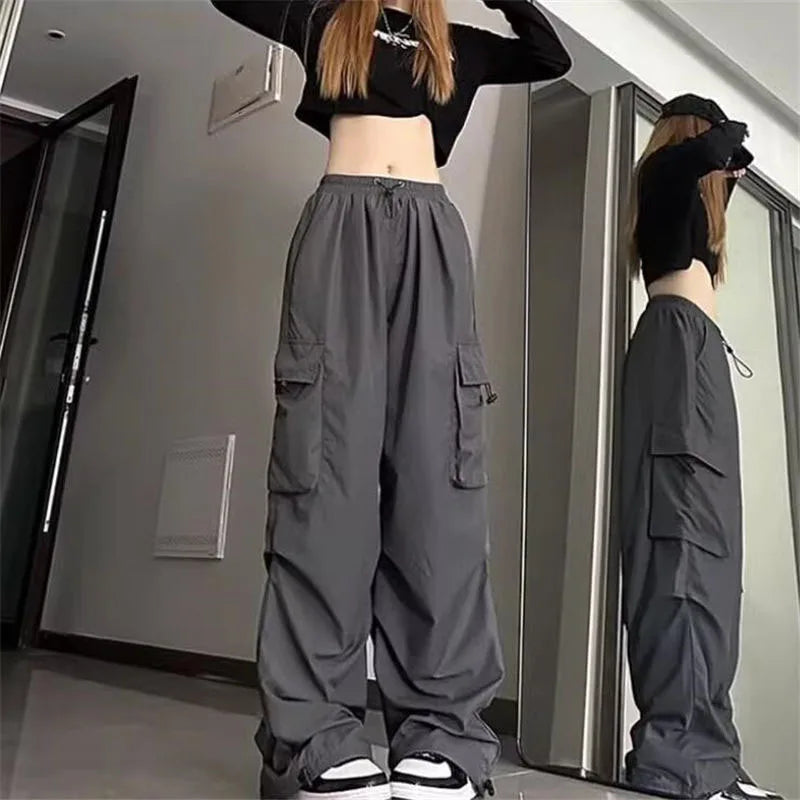 Baggy White Parachute Cargo Pants Y2K High Waist Shirring All-Match Trousers