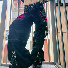 Gothic Women Punk Cargo Pants Wide Straight Leg Pants Grunge Hippie Baggy Trousers