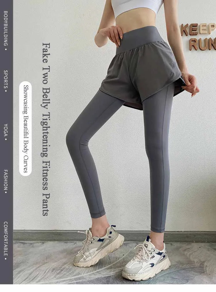 Women Gym Yoga Pants Fake 2 Pieces Sports Pants With Shorts Quick Dry Outdoor