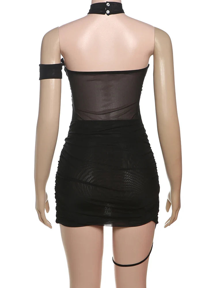 Nibber Backless Summer Trend See Through Sexy Dress Women Y2K Cross Bandage Halter Sleeveless Midnight Clubwear Mini Bodycon