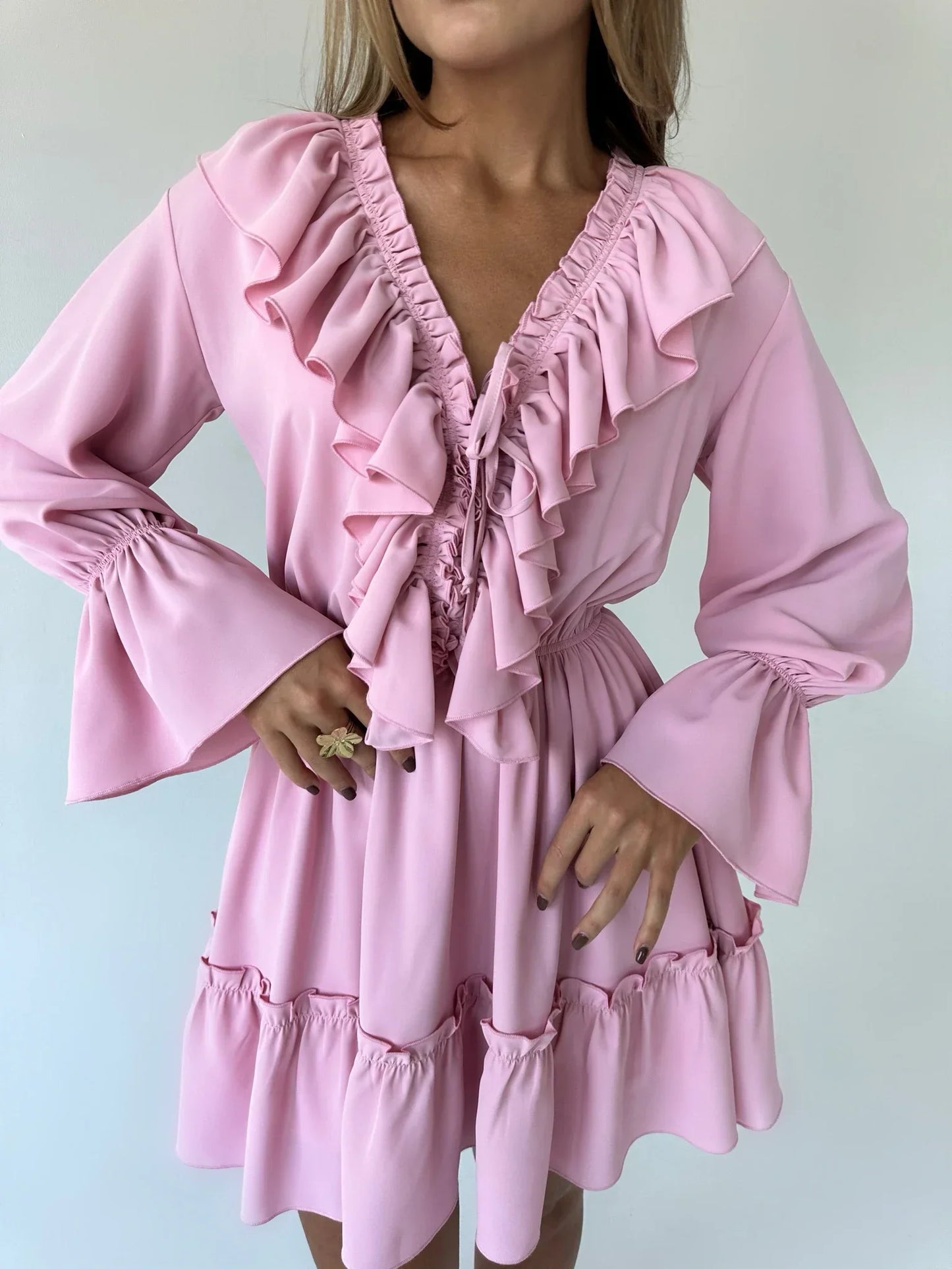 Talenza White Ruffle Bandage Mini Dress Women's Elegant Patchwork Long Sleeve Dress New Slim V Neck Lace Up Summer Mini Dress