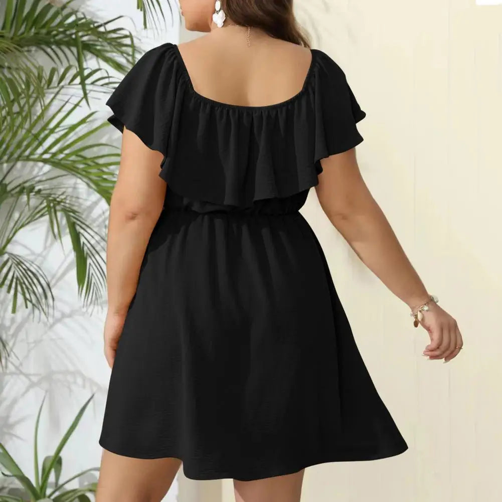 Women Dresses Summer Square Collar Short Sleeve Ruffle Decor Mini Dress Elastic High Waist Solid Color Loose Hem Plus Size Dress