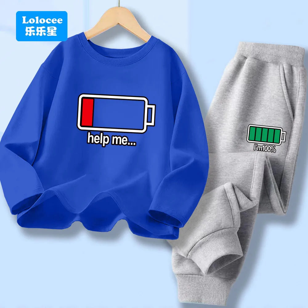 Autumn Kid Boy Long Sleeve 2pcs Clothes Set Children Funny Battery Letter Printed T-shirt Pullover Top And Pants Tracksuits DCW1