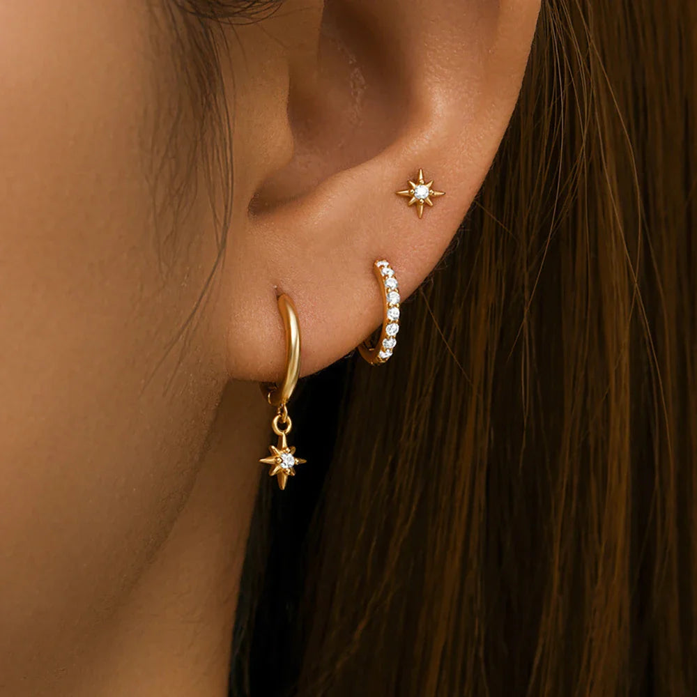 3 Piece Fashion Stainless Steel Round Star Drop Earrings Set for Women 18K Gold Plated Dangle Earring Punk Unisex Rock  Jewelry