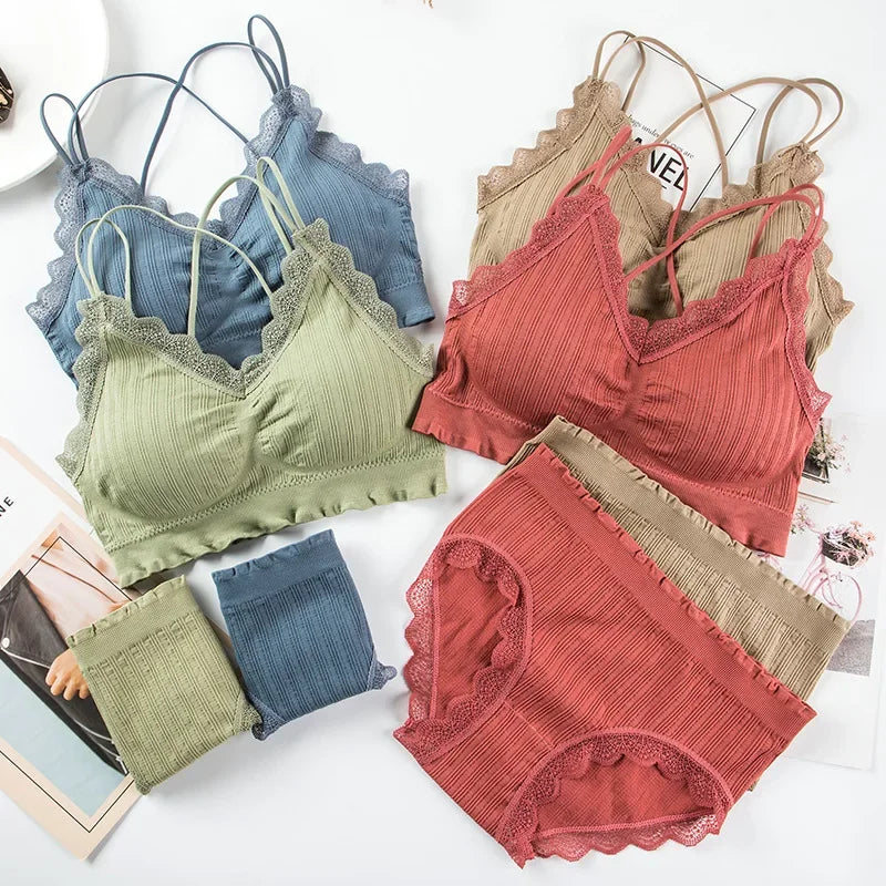 Tops Set High Waist Panties Women Wireless Underwear Suit Soft Padded Bras Set