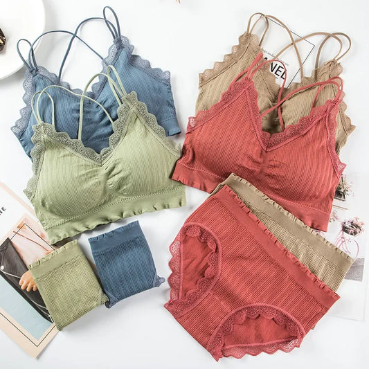 Tops Set High Waist Panties Women Wireless Underwear Suit Soft Padded Bras Set