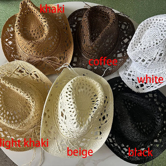 Straw Western Cowboy Hat for Women Men Classic Vintage Hollow Out Unisex