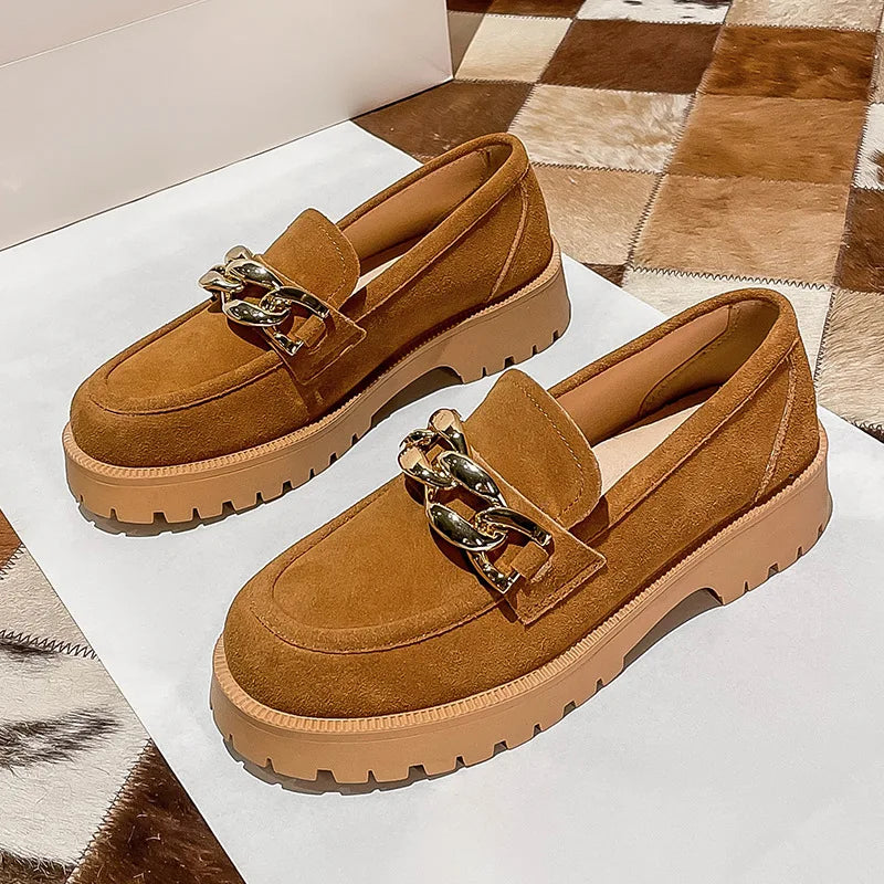 2023 Women Loafers Fashion Chain Design Suede Genuine Leather British Style Women Spring Shoes Large Size Student Shoes Ladies