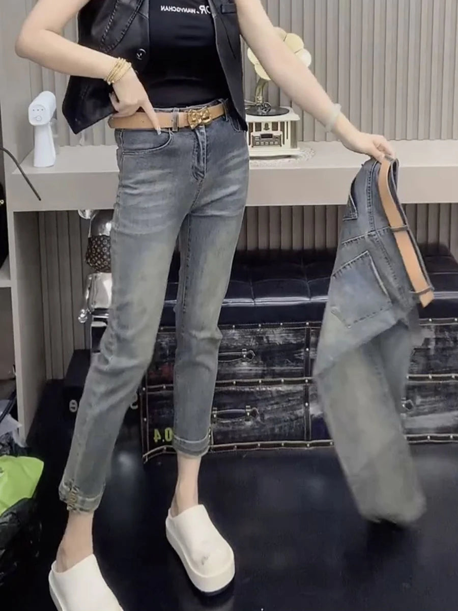Y2k Women's Jeans Slightly Fat Plus Size Women's Pants Nine Straight Leg Denim Pants