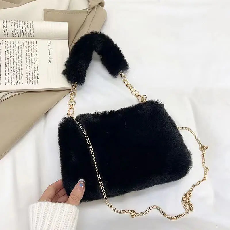 Winter Plush Tote Handbag Versatile Fluffy Shoulder Bag Soft Cute Chain Crossbody Bag