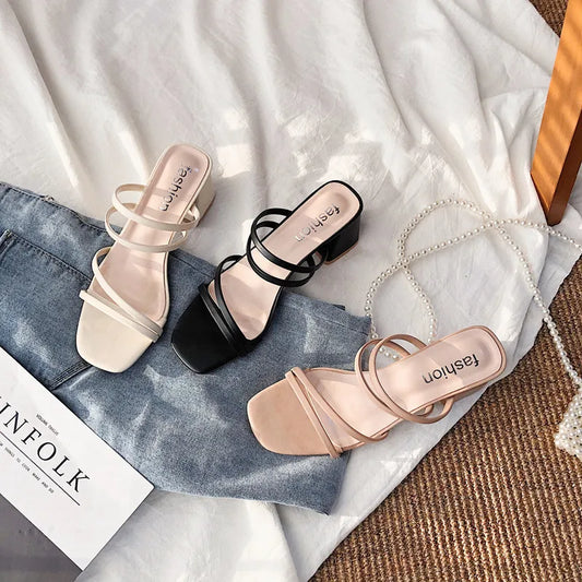 Women Sandals Ladies Square Heels Elegant Summer Slippers Outside Cross