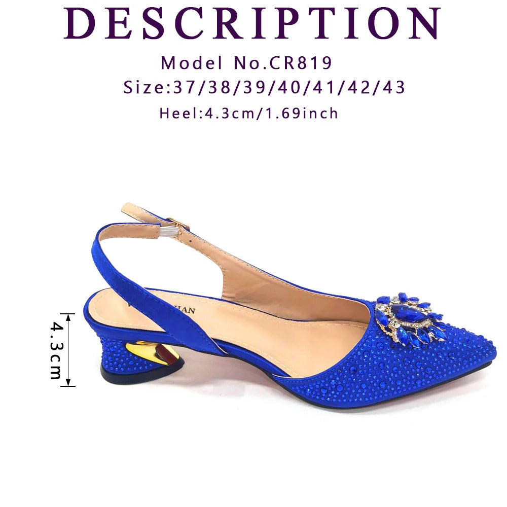 New Arrival Fashion Shoes Matching Bag Set Royal Blue Color Decorated with Crystal Ladies Wedding Party Women High Heel