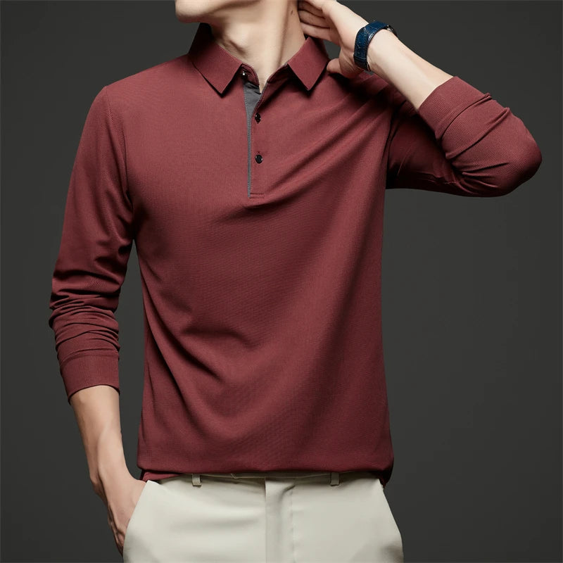 New Men's Business Casual  Long Sleeve Solid Color Polo Shirt Fashionable Warm Comfortable Four Seasons Versatile Top