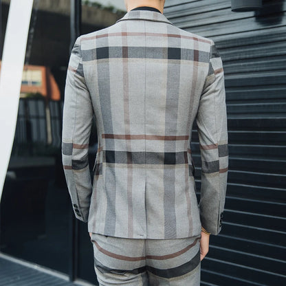 Blazers Pants Vest Set 3 Pieces Set / 2023 Men's Business Casual Fashion Three Piece Plaid Suit Jacket Coat Trousers Waistcoat