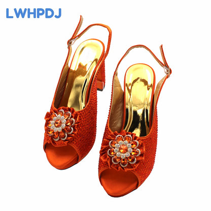 2024 High Quality Peep Toe Slingback Decorated with Flower Design Shoes Matching Bag Set in Orange Color For Ladies Party