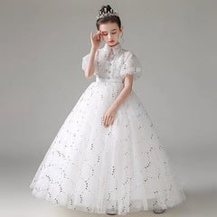 Child Girls Evening White Dress for Wedding Elegant Party Formal Sequin Long Dresses Puff Sleeve Birthday Frock Ball Gown