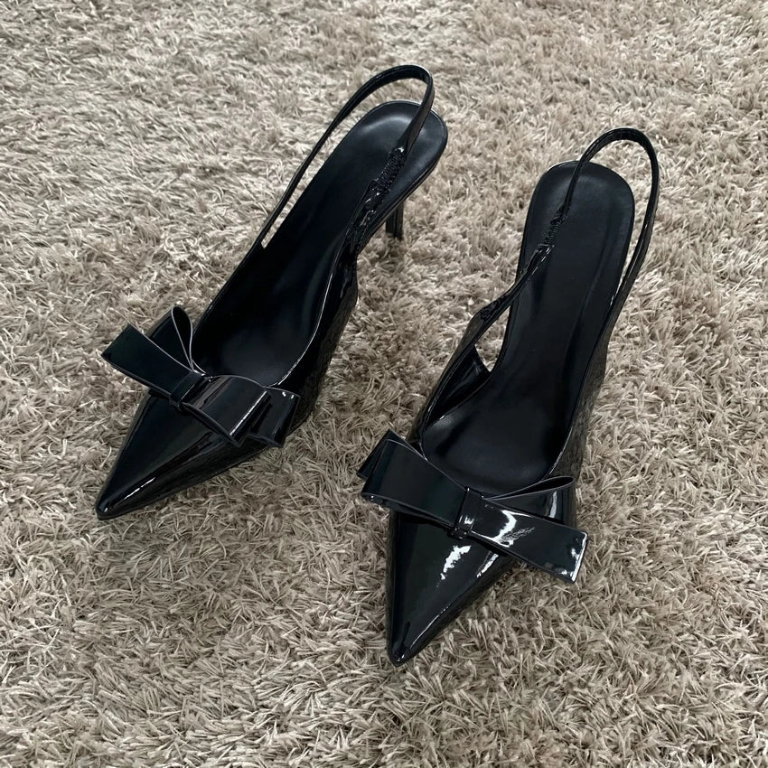 Women Black Bow High Heels Slingback Pointed toe Heeled for Women Pumps