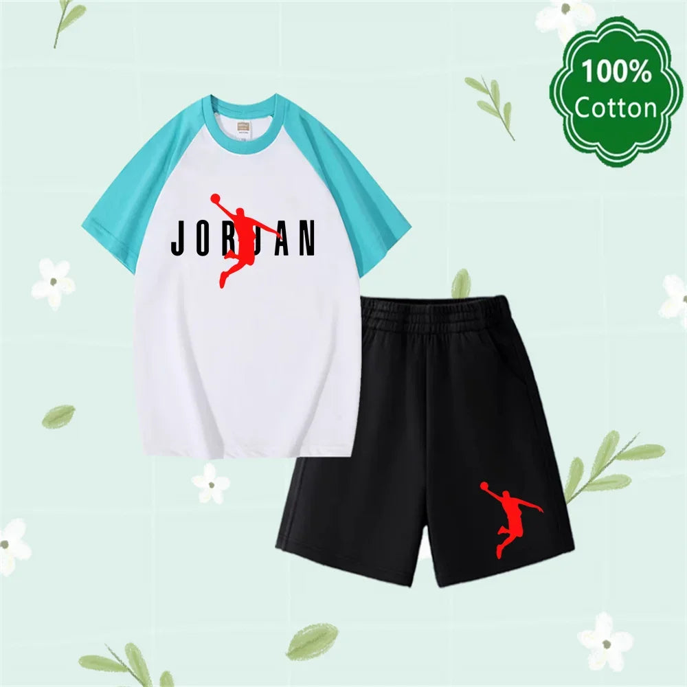 Summer New 3-14 Years Old Top Design Classic Set 100% Cotton Jordan Print T-shirt Casual Shorts Harajuku Boys/girls Gift