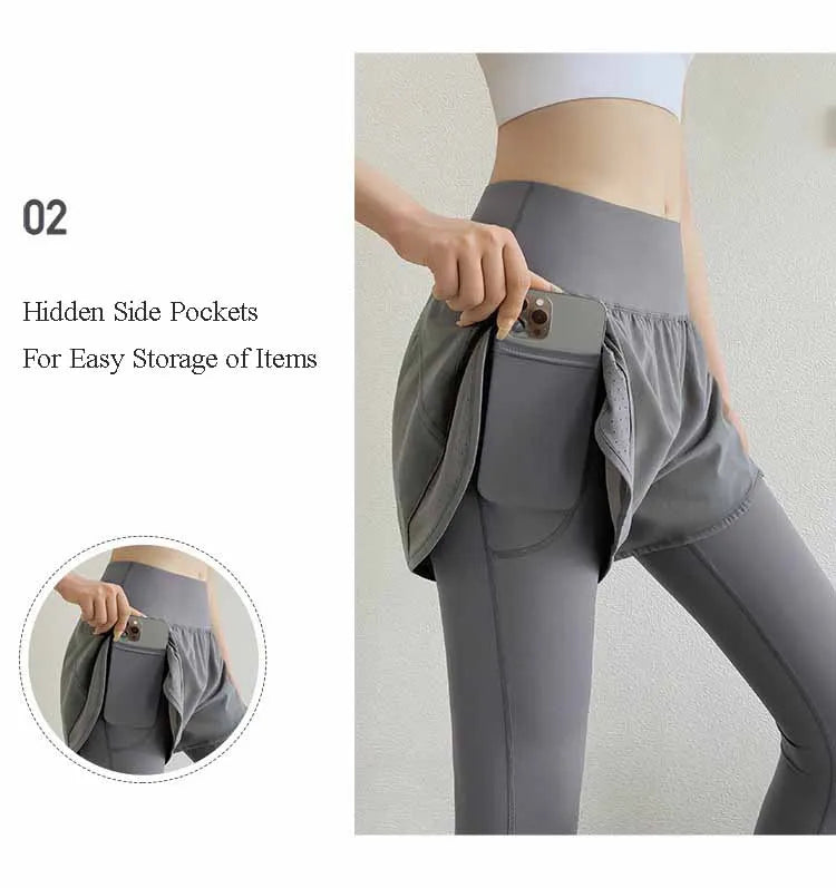 Women Gym Yoga Pants Fake 2 Pieces Sports Pants With Shorts Quick Dry Outdoor