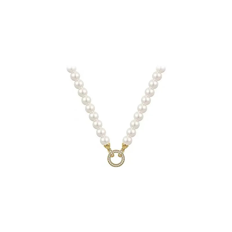 French Elegant Micro Set Zircon Round Buckle Imitation Pearl Beaded Necklace
